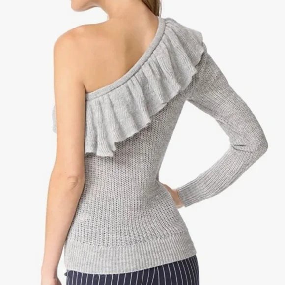 REBECCA TAYLOR One Shoulder Alpaca Wool Ruffle Knit Pullover Sweater Grey Medium - Picture 2 of 12